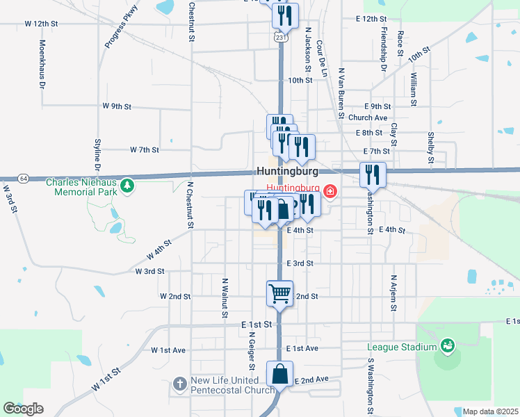 map of restaurants, bars, coffee shops, grocery stores, and more near 312 East 4th Street in Huntingburg