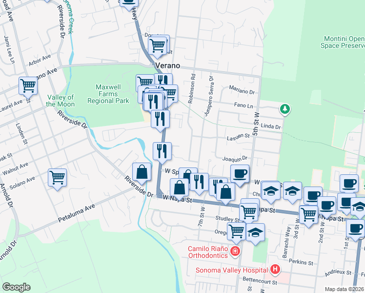 map of restaurants, bars, coffee shops, grocery stores, and more near 875 Lyon Street in Sonoma