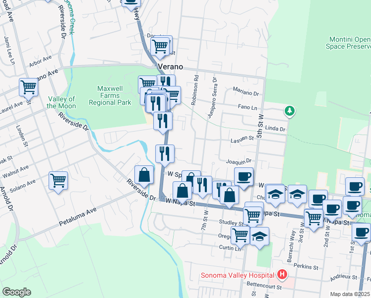map of restaurants, bars, coffee shops, grocery stores, and more near 875 Lyon Street in Sonoma