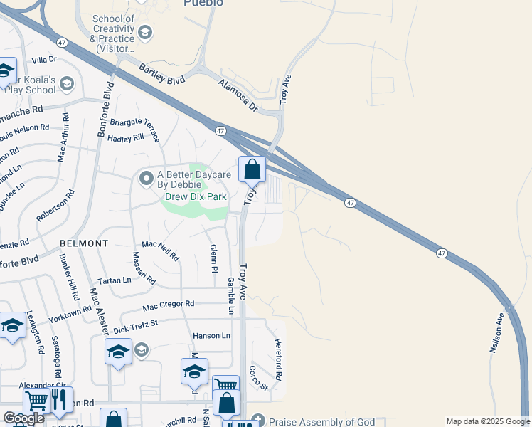 map of restaurants, bars, coffee shops, grocery stores, and more near Drew Dix Drive in Pueblo