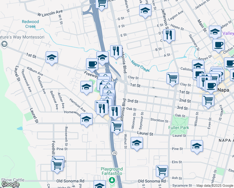 map of restaurants, bars, coffee shops, grocery stores, and more near 2423 3rd Street in Napa