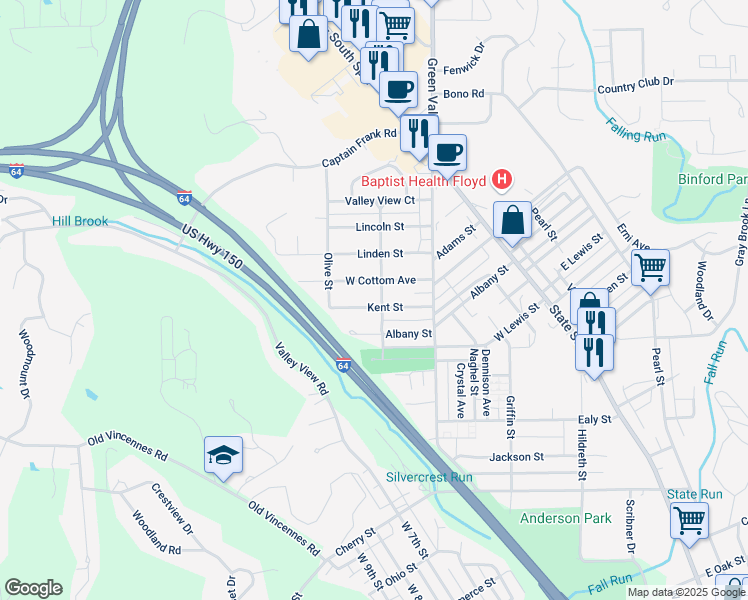 map of restaurants, bars, coffee shops, grocery stores, and more near 705 Kent Street in New Albany
