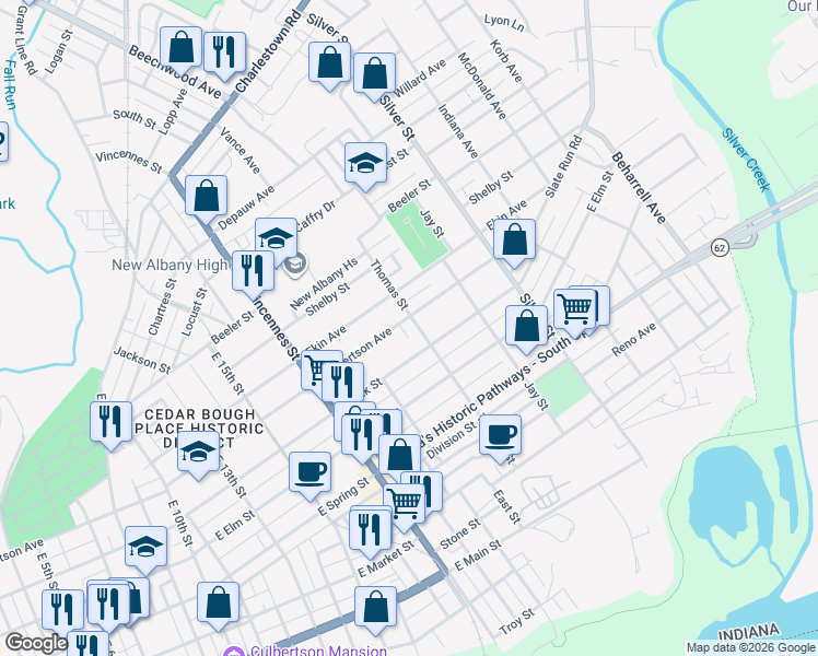 map of restaurants, bars, coffee shops, grocery stores, and more near 1835 East Oak Street in New Albany
