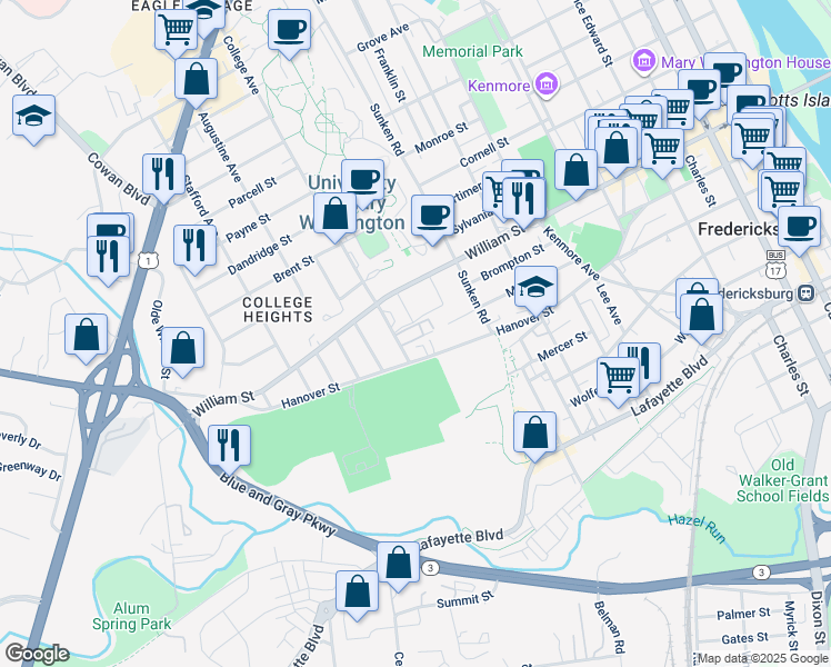 map of restaurants, bars, coffee shops, grocery stores, and more near 815 College Avenue in Fredericksburg