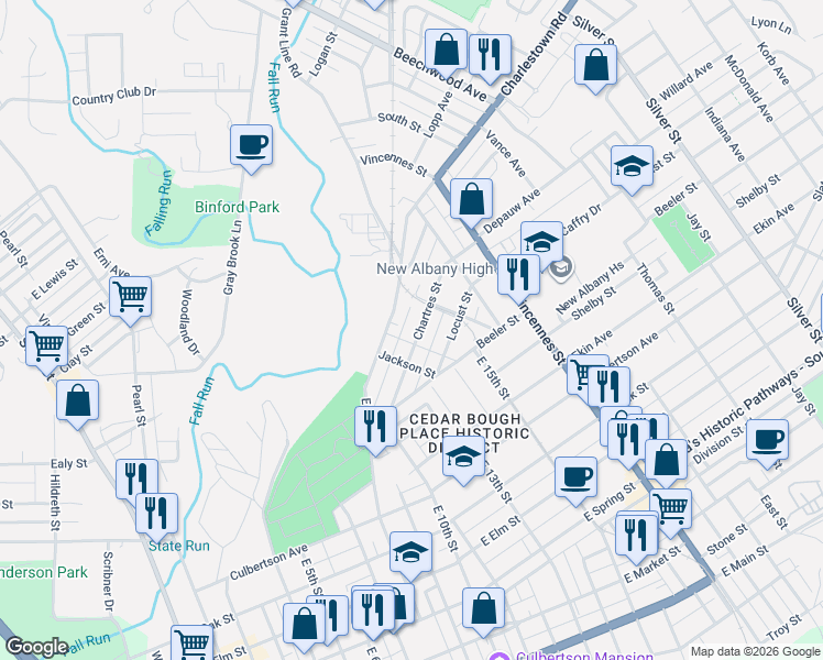 map of restaurants, bars, coffee shops, grocery stores, and more near 1307 Chartres Street in New Albany