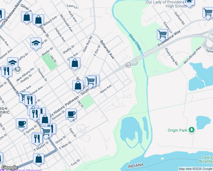 map of restaurants, bars, coffee shops, grocery stores, and more near 2204 Reno Avenue in New Albany