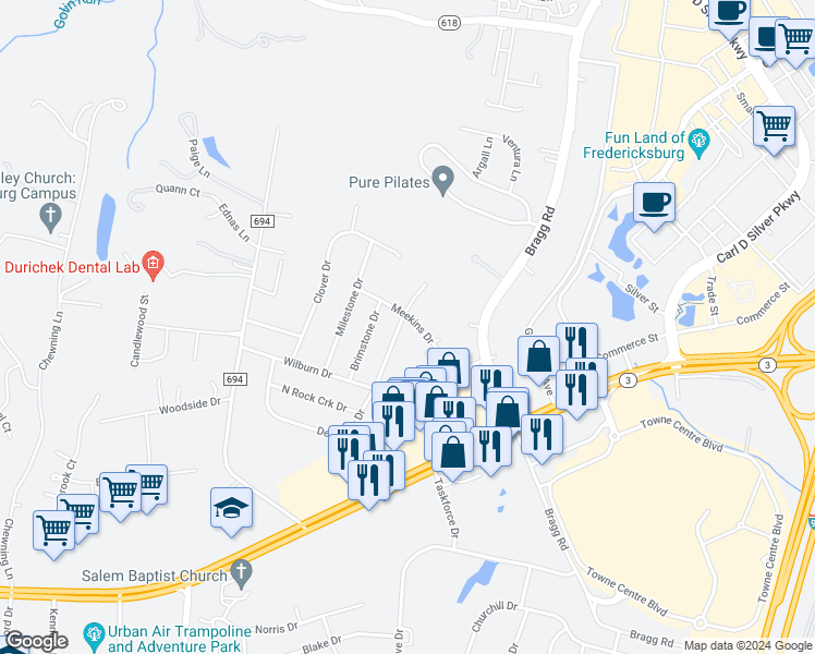 map of restaurants, bars, coffee shops, grocery stores, and more near 1000 Dewberry Drive in Fredericksburg