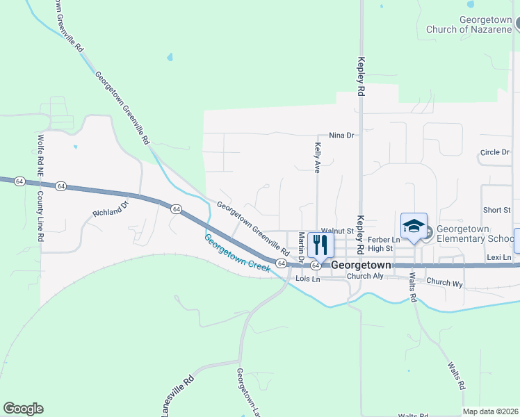 map of restaurants, bars, coffee shops, grocery stores, and more near 9280 Walnut Street in Georgetown