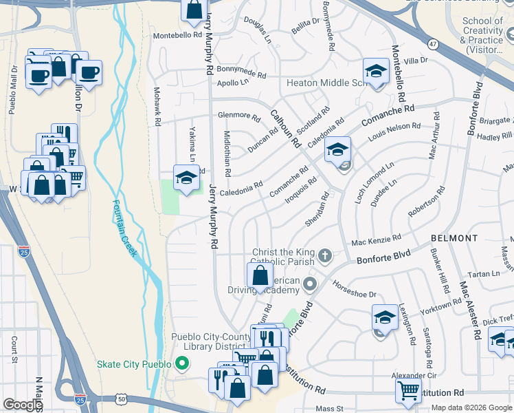 map of restaurants, bars, coffee shops, grocery stores, and more near 1800 Zuni Road in Pueblo