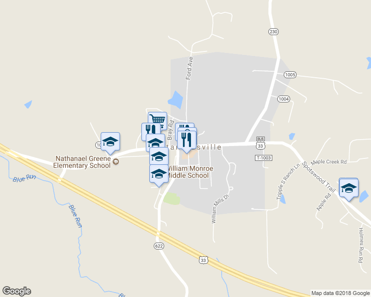 map of restaurants, bars, coffee shops, grocery stores, and more near 2 Village Road in Stanardsville