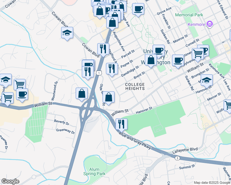 map of restaurants, bars, coffee shops, grocery stores, and more near 1208 Rappahannock Avenue in Fredericksburg