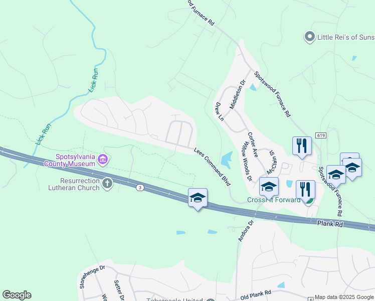 map of restaurants, bars, coffee shops, grocery stores, and more near 7308 Lees Command Boulevard in Fredericksburg