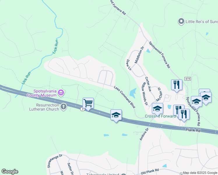 map of restaurants, bars, coffee shops, grocery stores, and more near 7310 Lees Command Boulevard in Fredericksburg