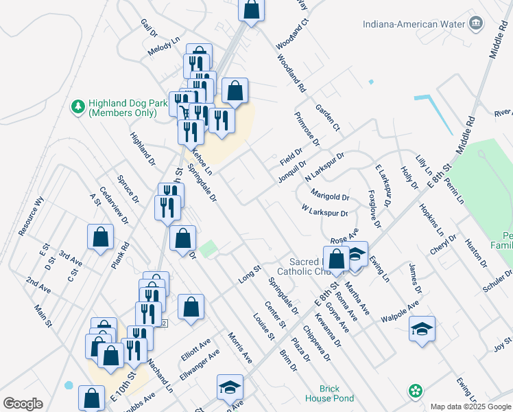 map of restaurants, bars, coffee shops, grocery stores, and more near 1611 Jonquil Drive in Jeffersonville