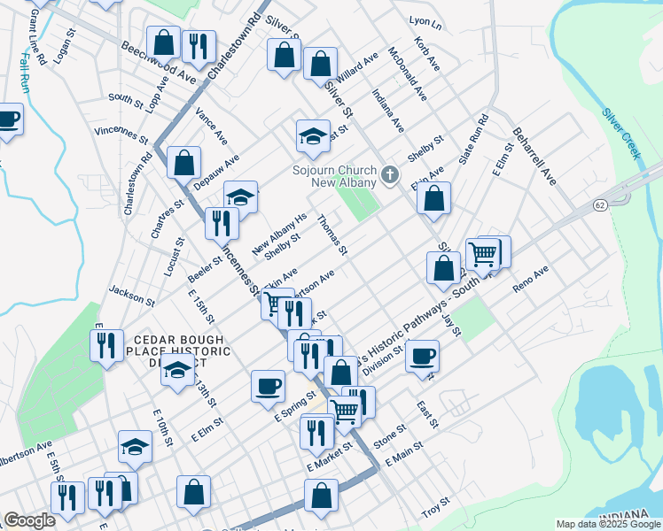 map of restaurants, bars, coffee shops, grocery stores, and more near 1902 Ekin Avenue in New Albany