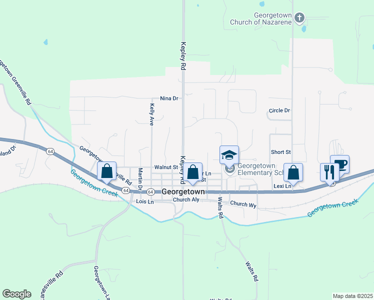 map of restaurants, bars, coffee shops, grocery stores, and more near 1755 Kepley Road in Georgetown