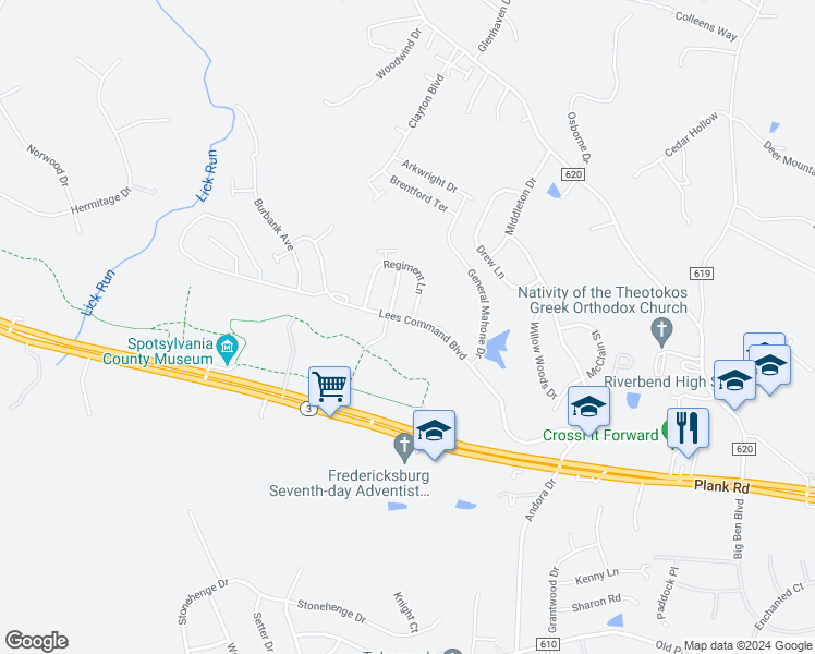 map of restaurants, bars, coffee shops, grocery stores, and more near 7310 Lees Command Boulevard in Fredericksburg