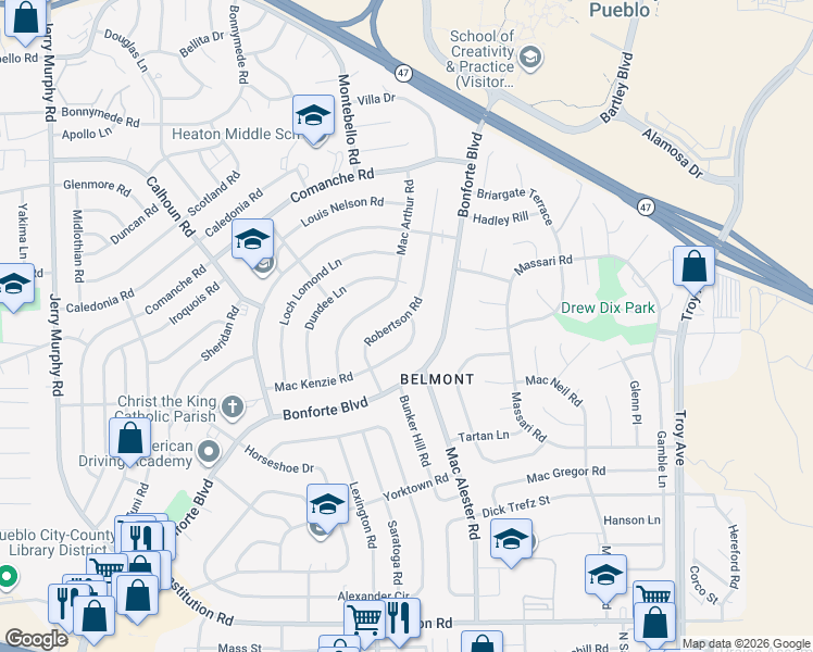 map of restaurants, bars, coffee shops, grocery stores, and more near 23 Robertson Road in Pueblo
