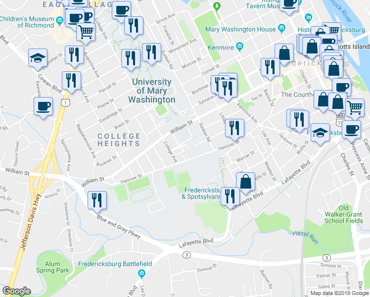 map of restaurants, bars, coffee shops, grocery stores, and more near 823 College Avenue in Fredericksburg