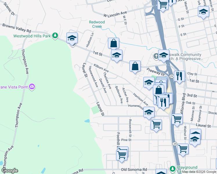 map of restaurants, bars, coffee shops, grocery stores, and more near 101 Bryan Avenue in Napa