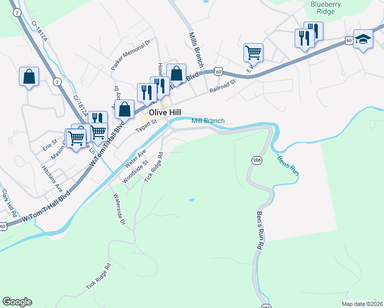 map of restaurants, bars, coffee shops, grocery stores, and more near 380 Tick Ridge Road in Olive Hill