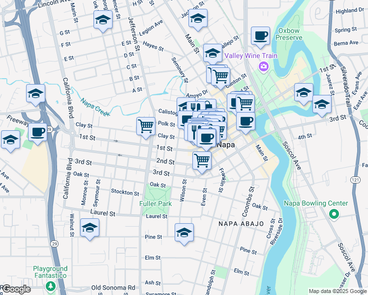 map of restaurants, bars, coffee shops, grocery stores, and more near 1526 Clay Street in Napa