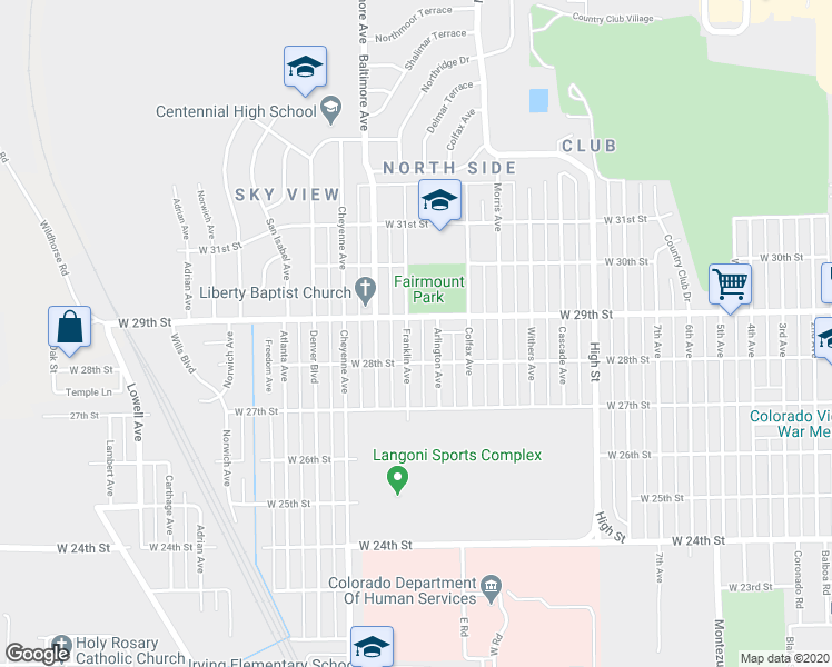 map of restaurants, bars, coffee shops, grocery stores, and more near 2822 Franklin Avenue in Pueblo