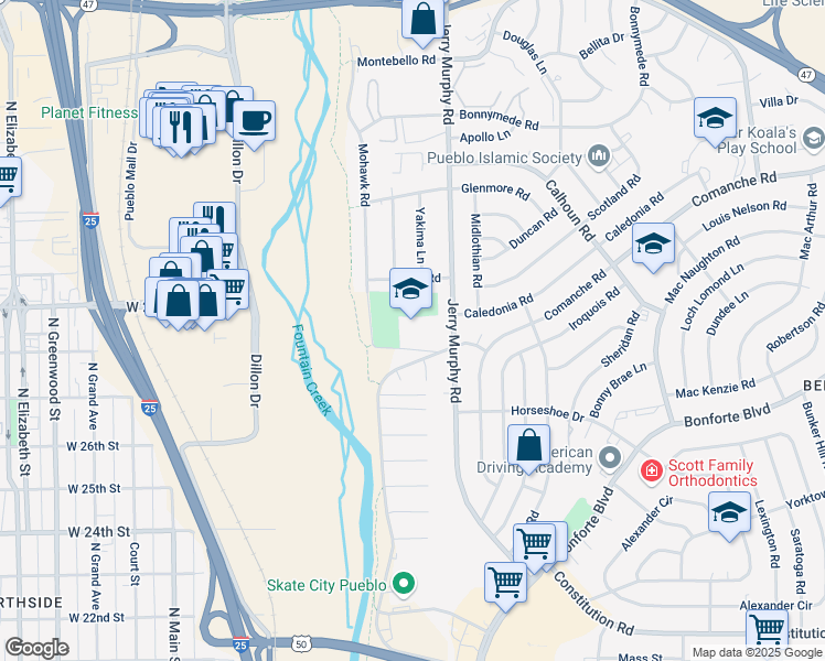 map of restaurants, bars, coffee shops, grocery stores, and more near 15 Chinook Lane in Pueblo