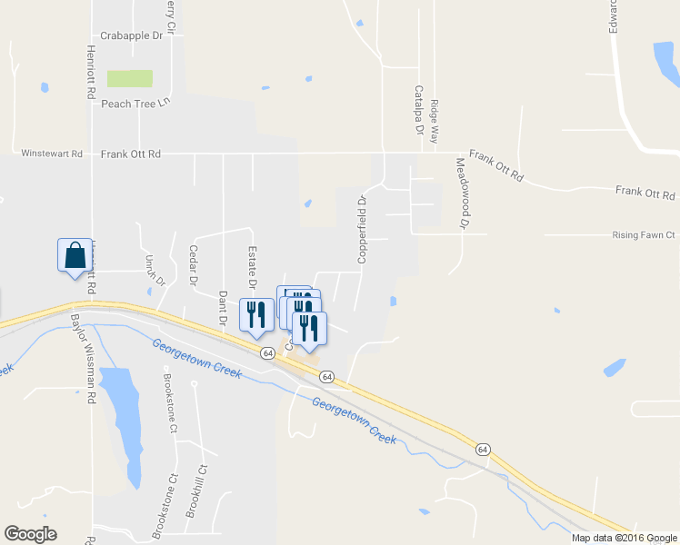 map of restaurants, bars, coffee shops, grocery stores, and more near Copperfield Drive in Georgetown