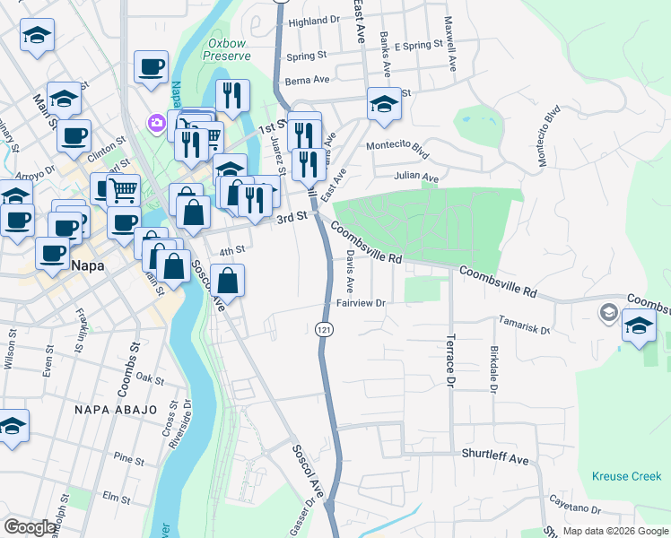 map of restaurants, bars, coffee shops, grocery stores, and more near 1 Hennessy Drive in Napa