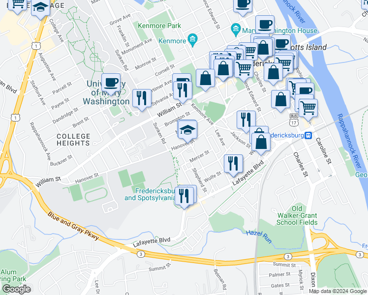 map of restaurants, bars, coffee shops, grocery stores, and more near 904 Hanover Street in Fredericksburg
