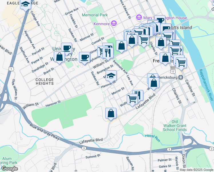 map of restaurants, bars, coffee shops, grocery stores, and more near 910 Hanover Street in Fredericksburg