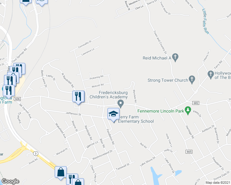 map of restaurants, bars, coffee shops, grocery stores, and more near 9 Braddock Drive in Fredericksburg