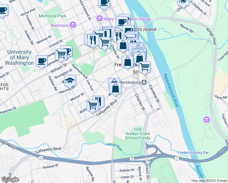 map of restaurants, bars, coffee shops, grocery stores, and more near 524 Wolfe Street in Fredericksburg