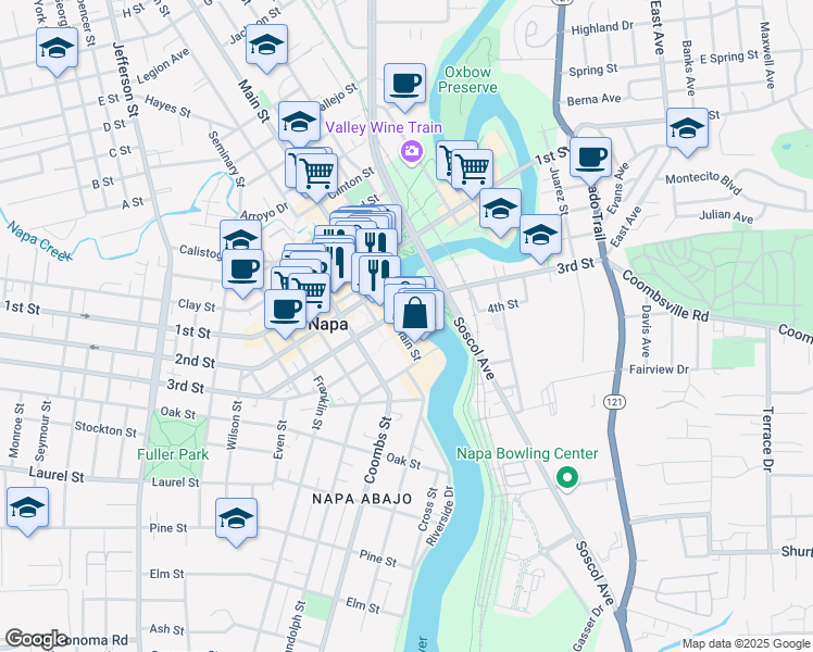 map of restaurants, bars, coffee shops, grocery stores, and more near 807 Main Street in Napa