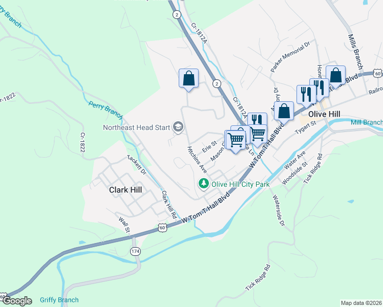 map of restaurants, bars, coffee shops, grocery stores, and more near 459-579 Hitchins Avenue in Olive Hill
