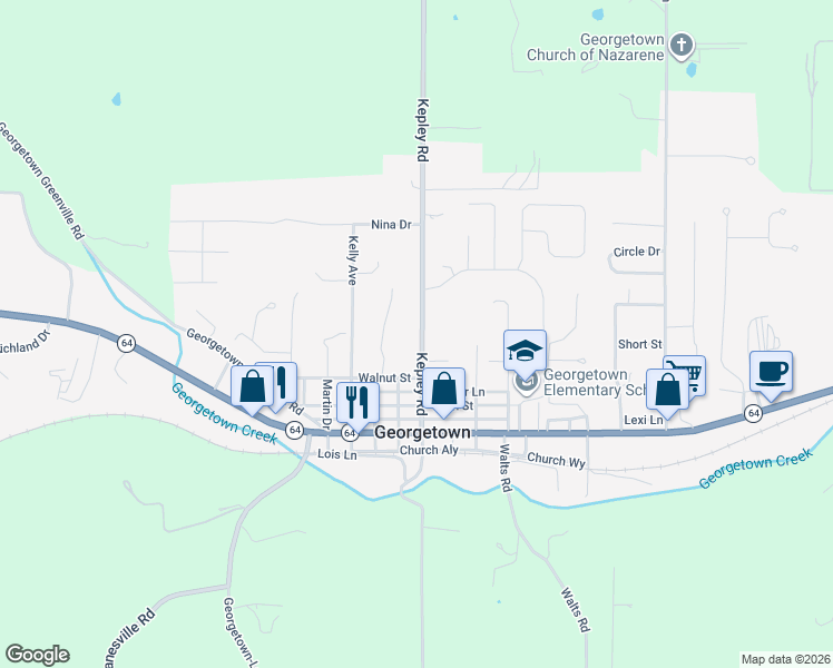 map of restaurants, bars, coffee shops, grocery stores, and more near 1755 Kepley Road in Georgetown