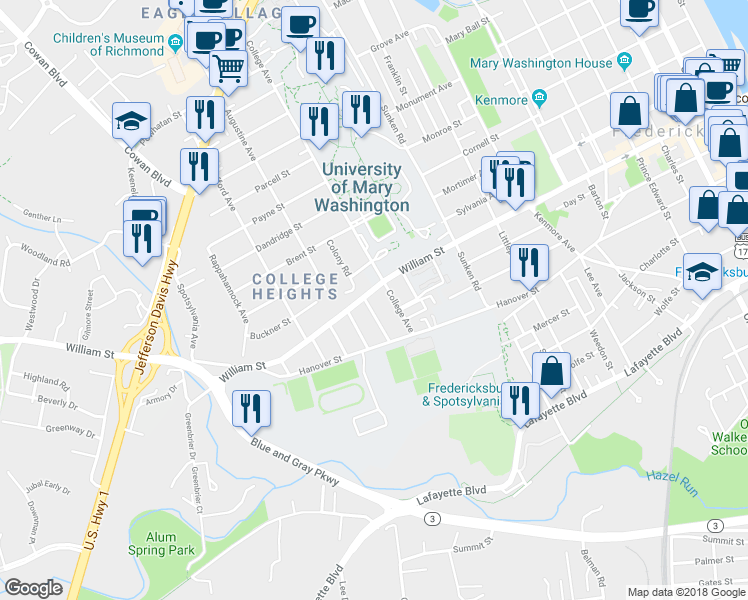 map of restaurants, bars, coffee shops, grocery stores, and more near 1204 William Street in Fredericksburg