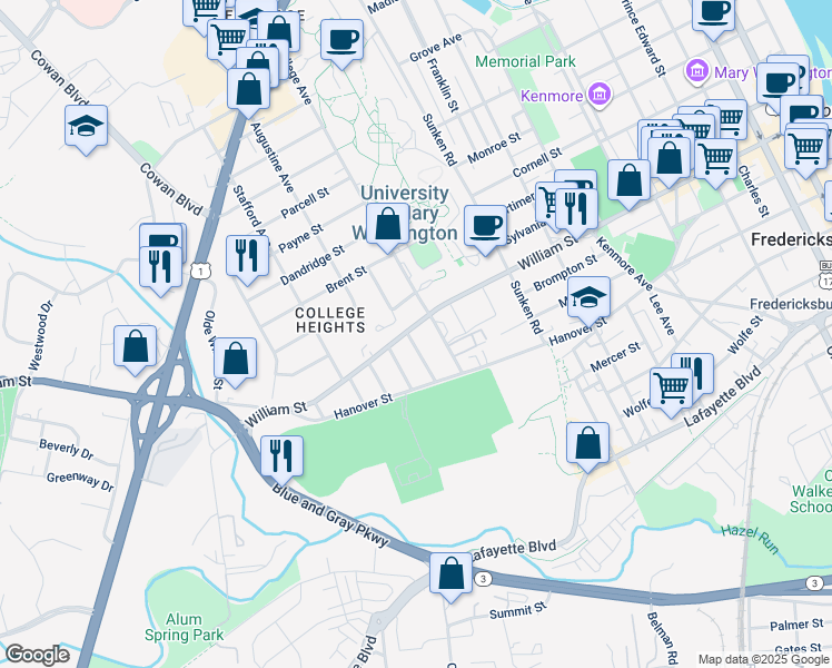map of restaurants, bars, coffee shops, grocery stores, and more near 1212 William Street in Fredericksburg