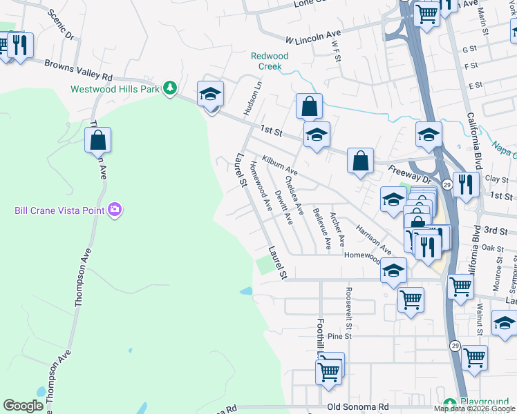 map of restaurants, bars, coffee shops, grocery stores, and more near 3140 Laurel Street in Napa