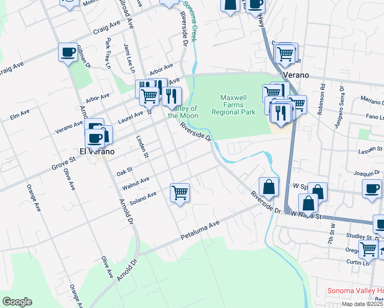 map of restaurants, bars, coffee shops, grocery stores, and more near 386 Oak Street in Sonoma