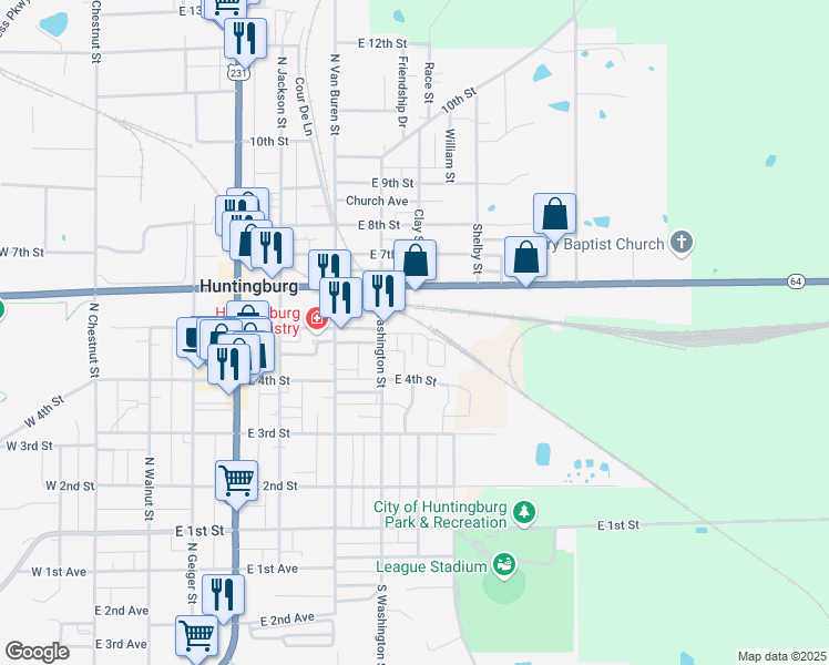 map of restaurants, bars, coffee shops, grocery stores, and more near 706 East 5th Street in Huntingburg