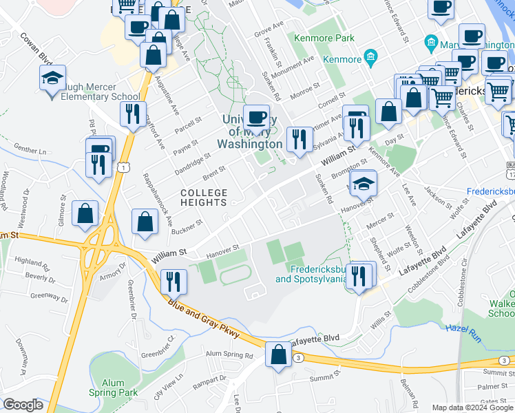 map of restaurants, bars, coffee shops, grocery stores, and more near 1210 William Street in Fredericksburg