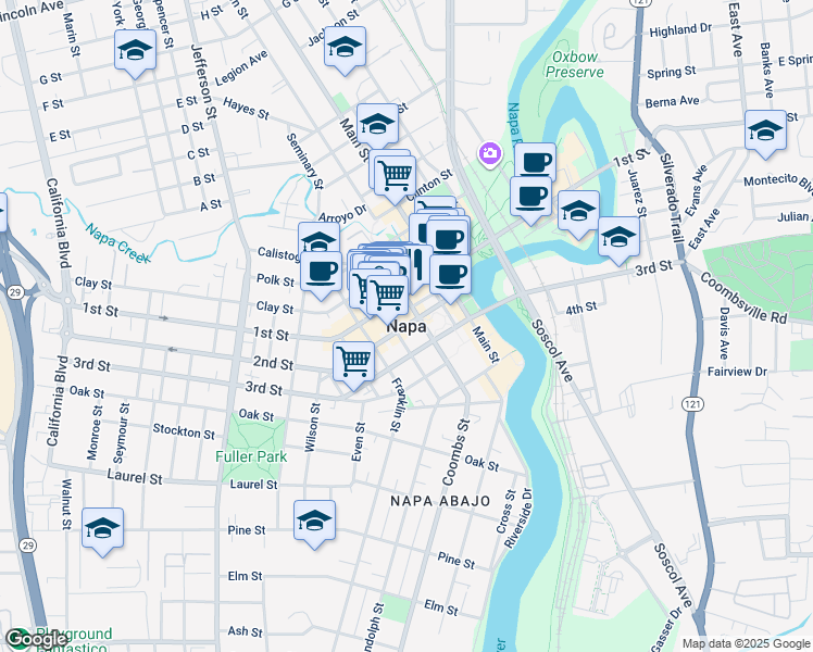 map of restaurants, bars, coffee shops, grocery stores, and more near 1255 Napa Town Center in Napa