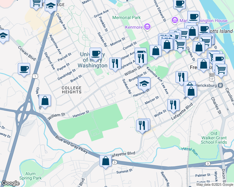 map of restaurants, bars, coffee shops, grocery stores, and more near 823 College Avenue in Fredericksburg
