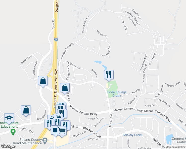 map of restaurants, bars, coffee shops, grocery stores, and more near 4377 The Masters Drive in Fairfield