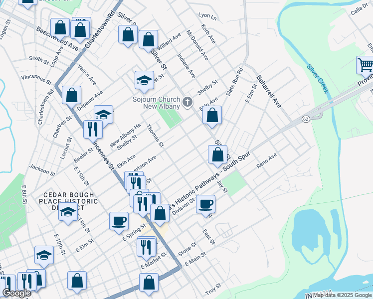 map of restaurants, bars, coffee shops, grocery stores, and more near 1920 Culbertson Avenue in New Albany