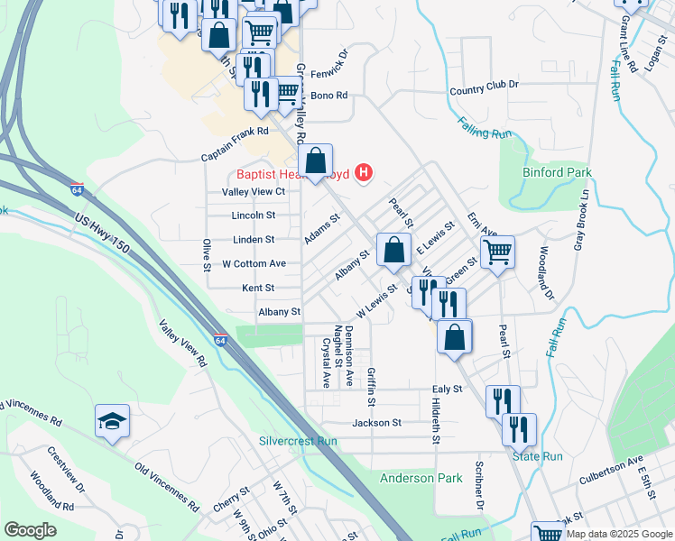 map of restaurants, bars, coffee shops, grocery stores, and more near 204 Virginia Court in New Albany