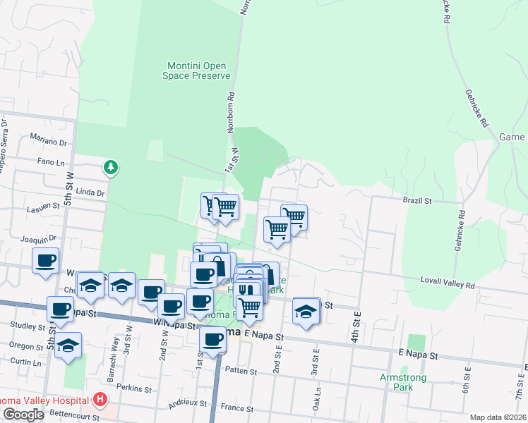 map of restaurants, bars, coffee shops, grocery stores, and more near 174 1st Street East in Sonoma
