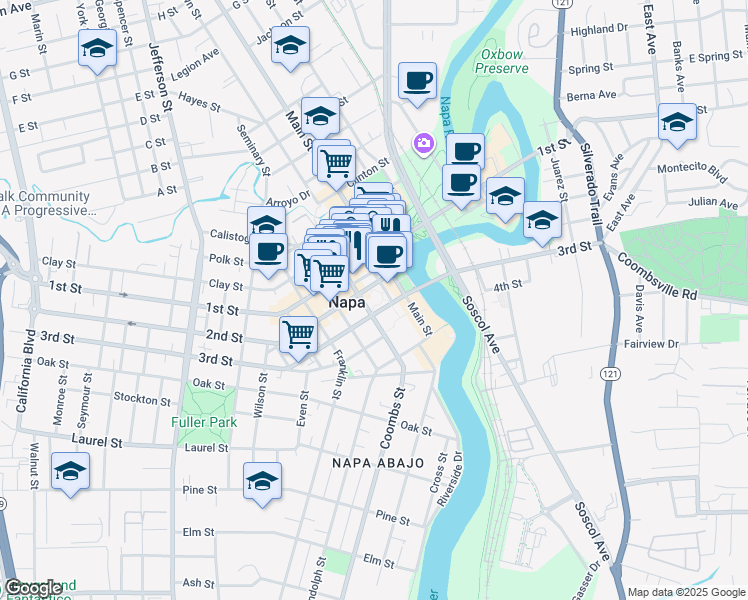 map of restaurants, bars, coffee shops, grocery stores, and more near 825 Brown Street in Napa